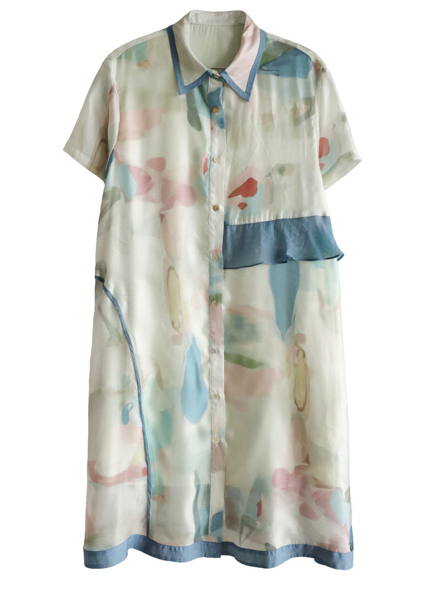 Light Green Asymmetrical Design Print Silk Loose Dresses Short Sleeve