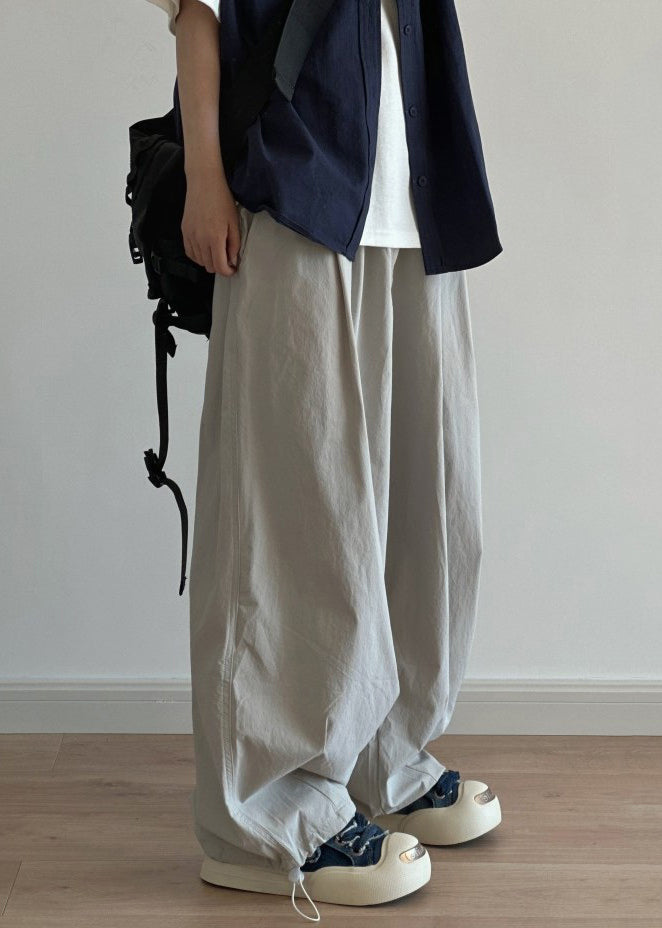 Light Grey Pockets Drawstring Cotton Wide Leg Pants Summer