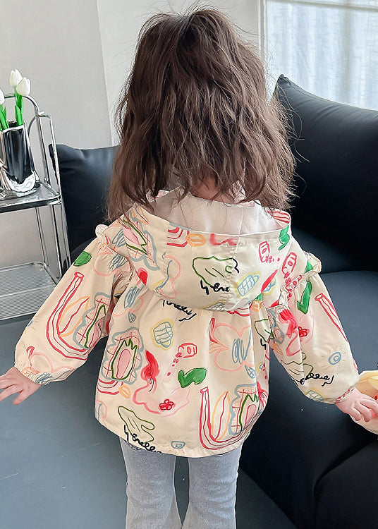 Light Khaki Hooded Print Pockets Cotton Coat Fall