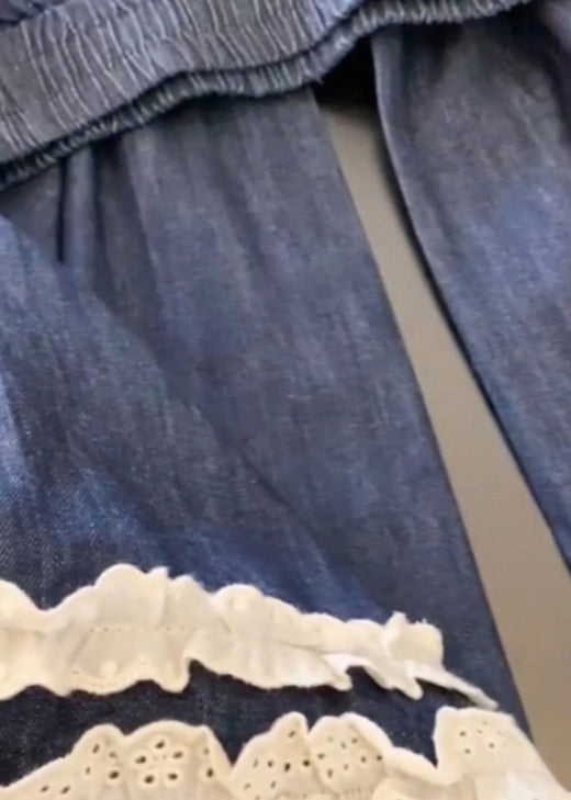 Navy Pockets Lace Patchwork Denim Wide Leg Pants Spring