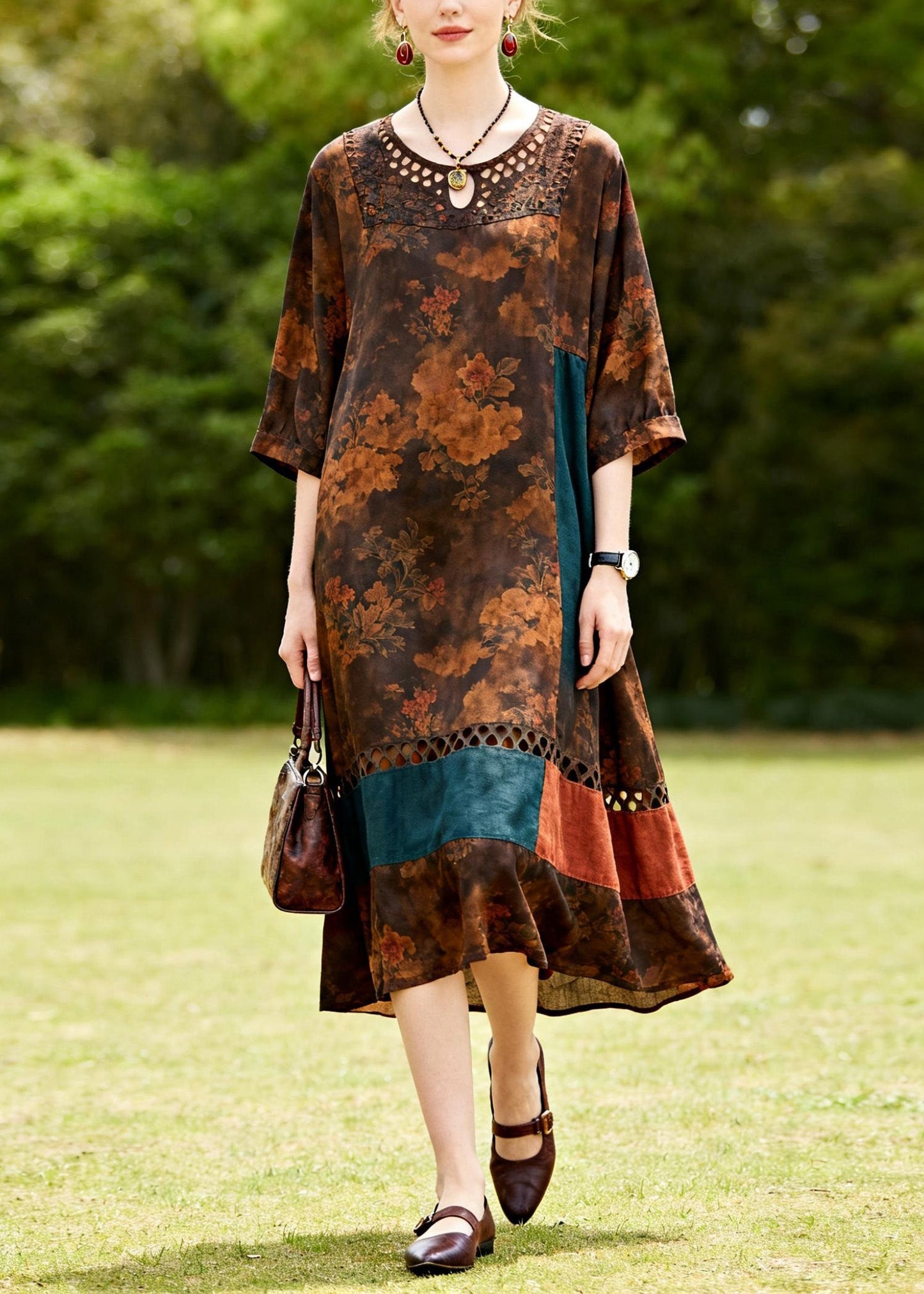 O Neck Hollow Out Print Patchwork Cotton Dresses Summer