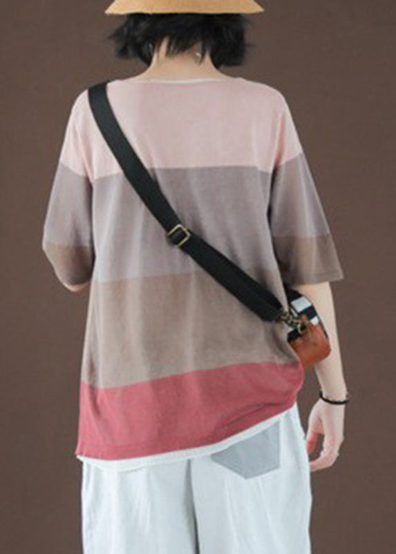 O-neck Striped Patchwork Ice Silk Top Short Sleeve