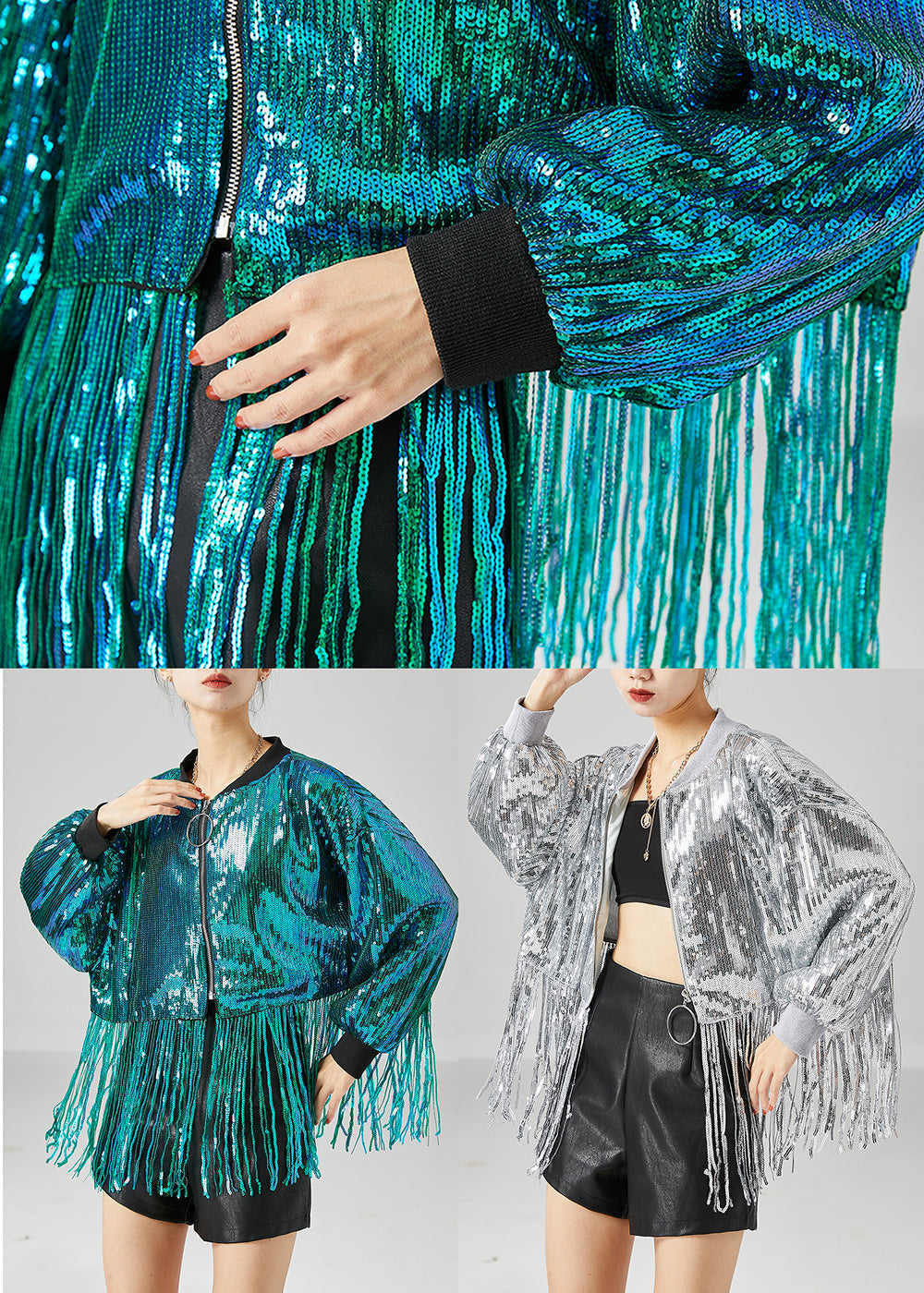 Peacock Green Tasseled Sequins Jackets Summer