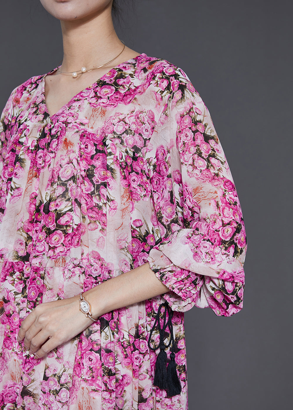 Pink Cinched Print Chiffon Robe Dresses Spring