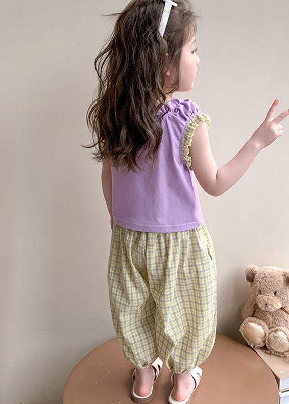 Purple Patchwork Top and Crop Pants Two Pieces Set Summer