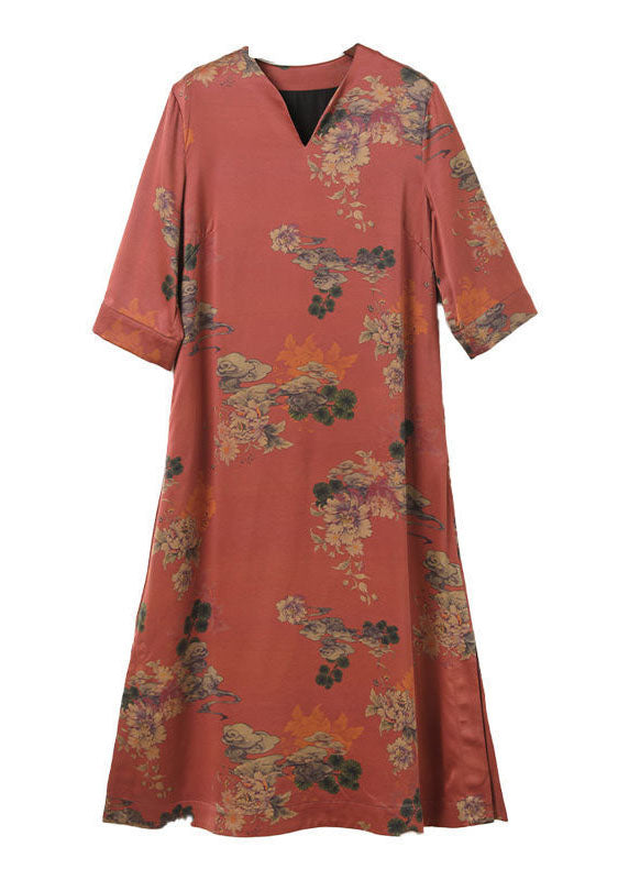 Red V Neck Print Side Open Silk Long Dress Half Sleeve
