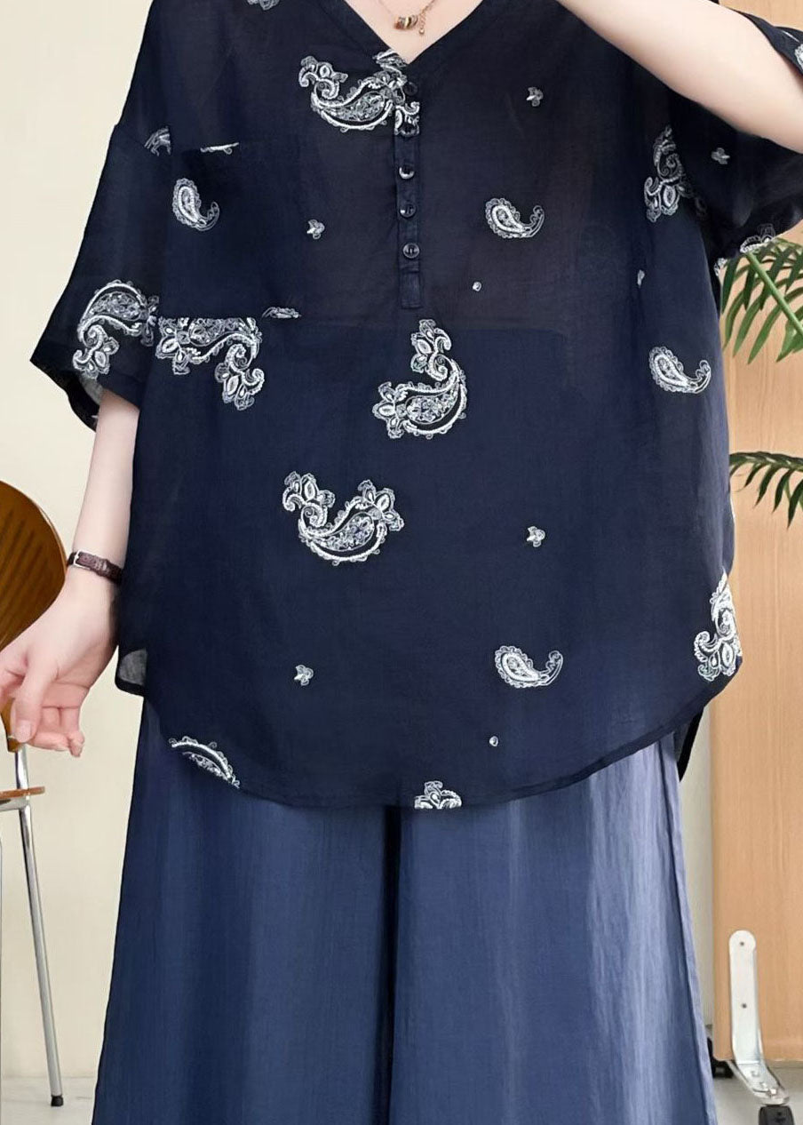 Rose V Neck Embroidered Linen Top Summer
