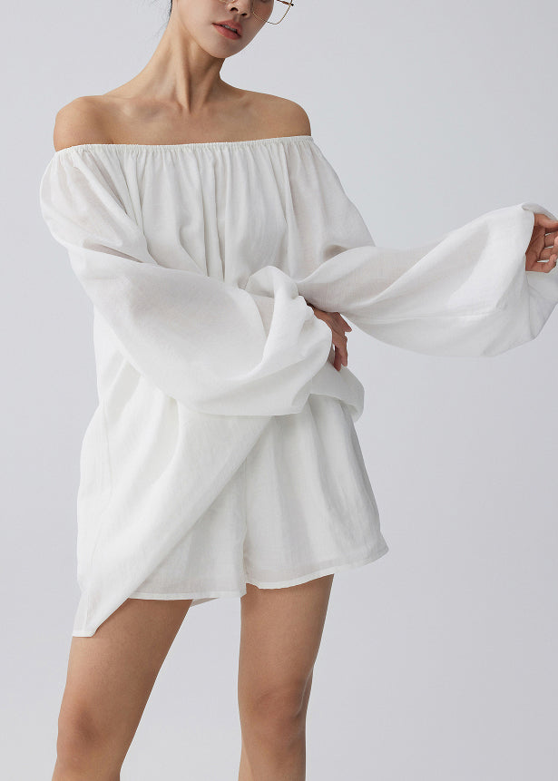 White Cold Shoulder Cotton Tops and Shorts Two Pieces Set Summer