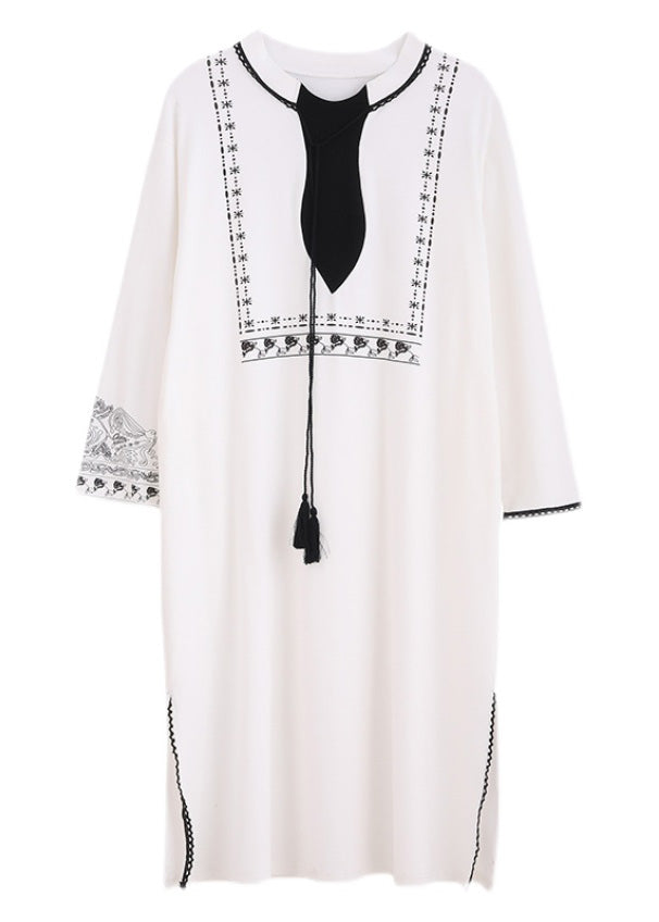 White O-neck Print Side Open Cotton Long Dress Spring