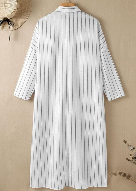 White Peter Pan Collar Striped Maxi Shirts Dresses Long Sleeve