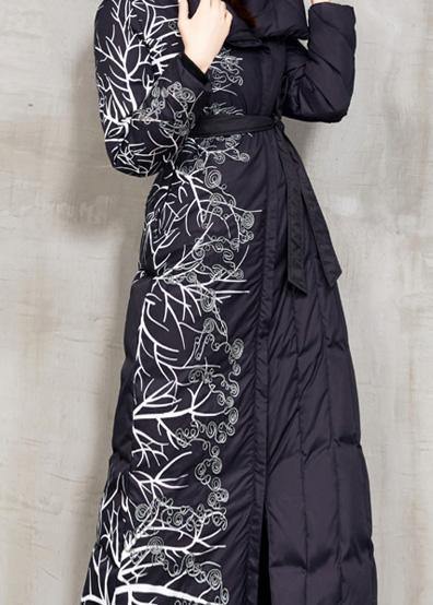 Black Prints Down Jacket Woman Oversize Hooded Winter Jacket Tie Waist New Winter Outwear