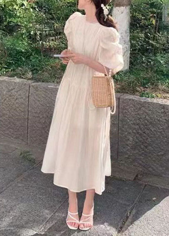 Apricot O Neck Wrinkled Patchwork Silk Dresses Puff Sleeve