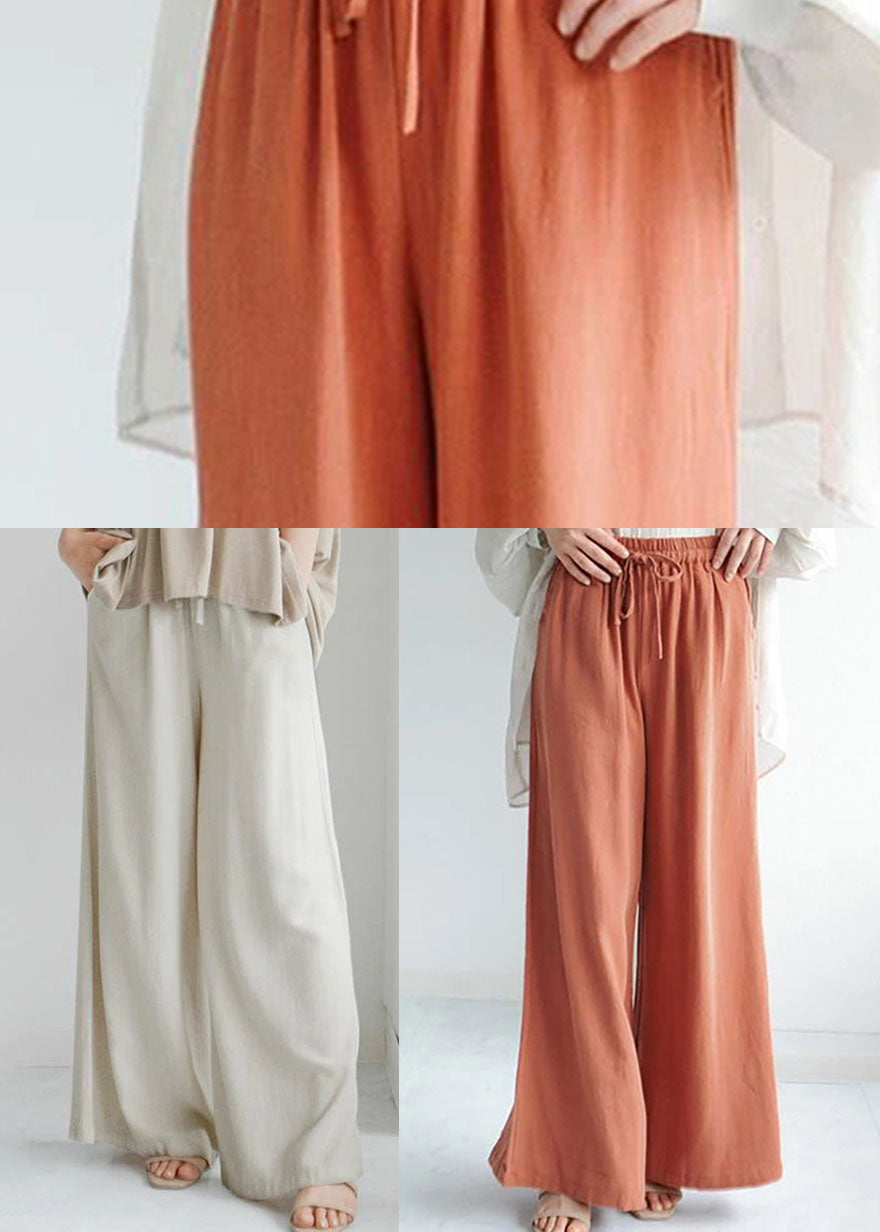 Beige Pockets Elastic Waist Linen Crop Pants Spring