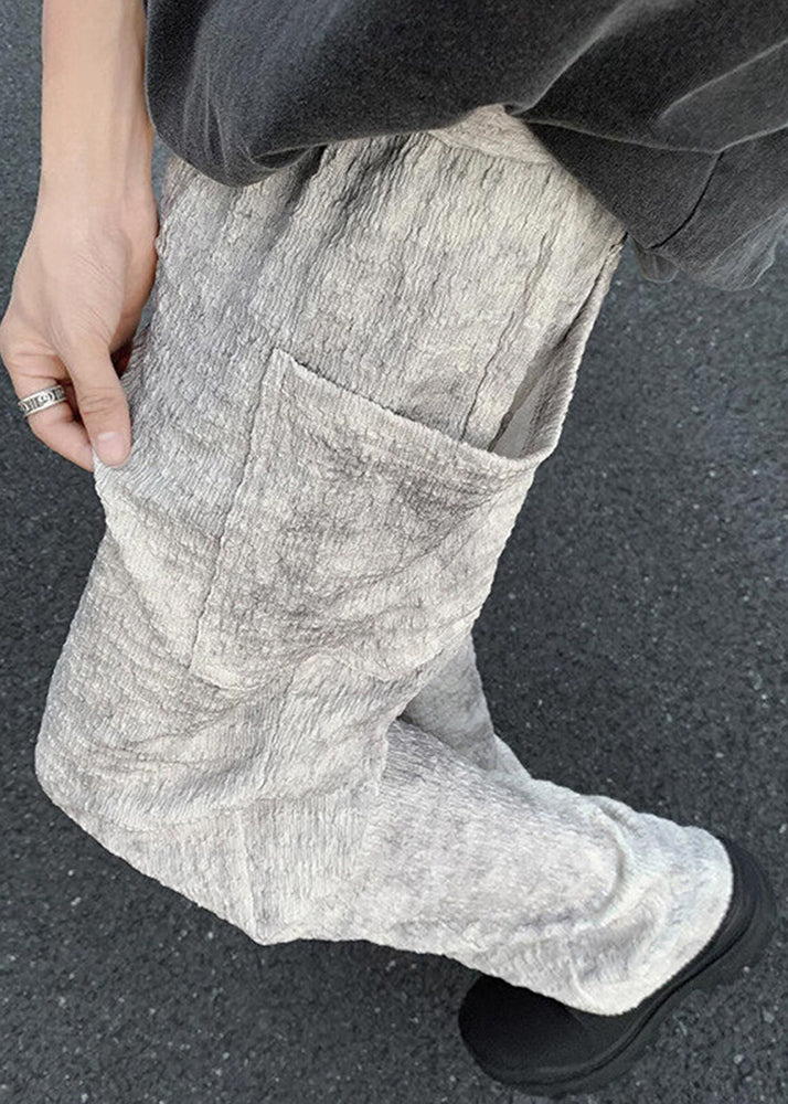 Beige Wrinkled Pockets Ice Silk Pants Summer
