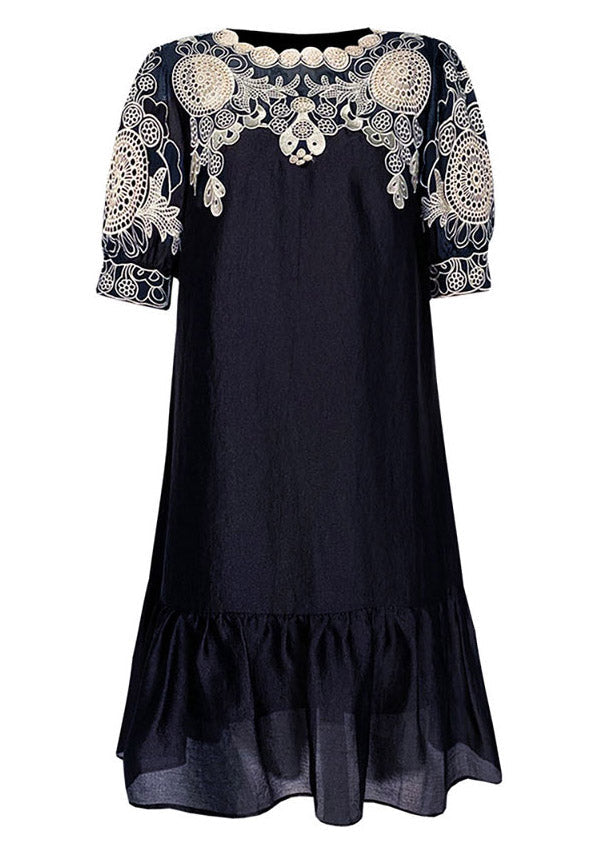 Black Embroideried O-neck Hollow Out Long Dresses Short Sleeve