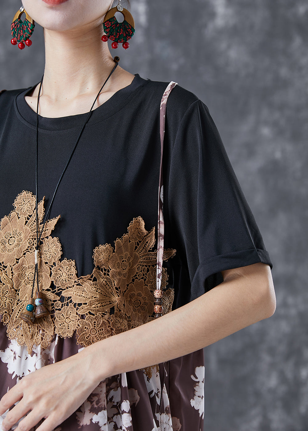 Black Lace Patchwork Print Chiffon Fake Two Piece Dresses Summer