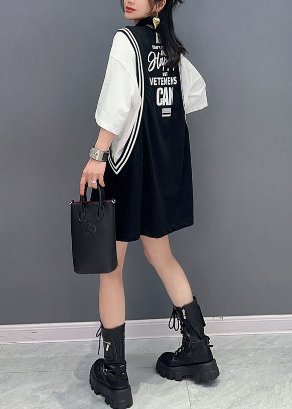 Black Letter Print Patchwork Cotton Sport Mid Dress Summer