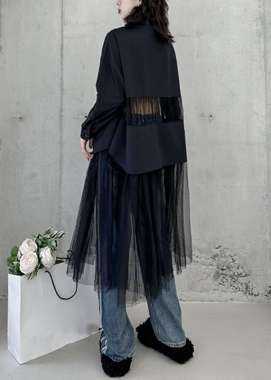 Black Peter Pan Collar Tulle Patchwork Shirts Dress Fall