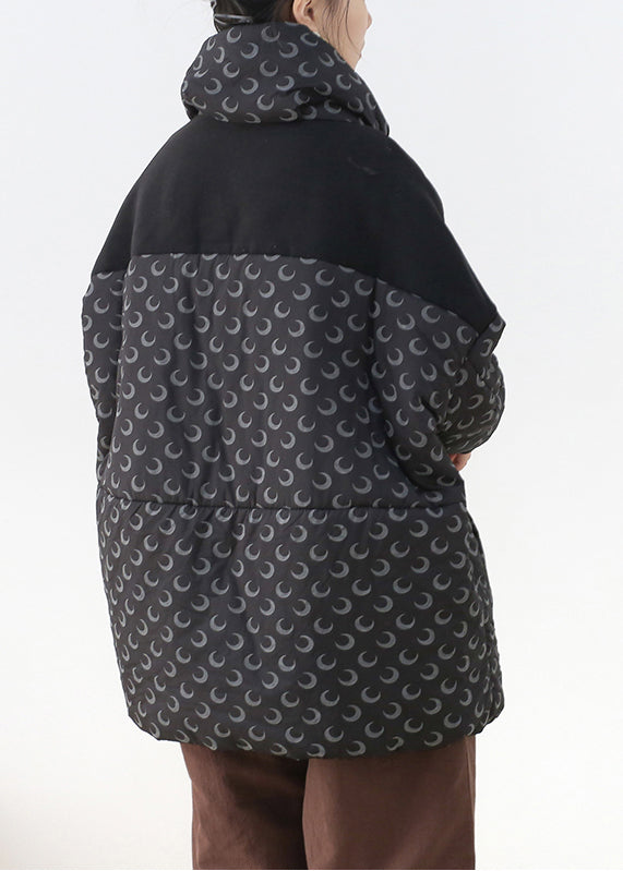Black Stand Collar Zippered Pockets Print Cotton Parka Long Sleeve