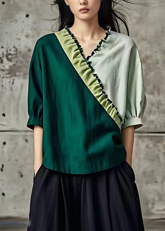 Blackish Green V Neck Patchwork T Shirt Summer