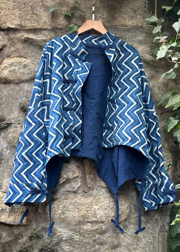Blue Button Print Patchwork Cotton Coat Fall