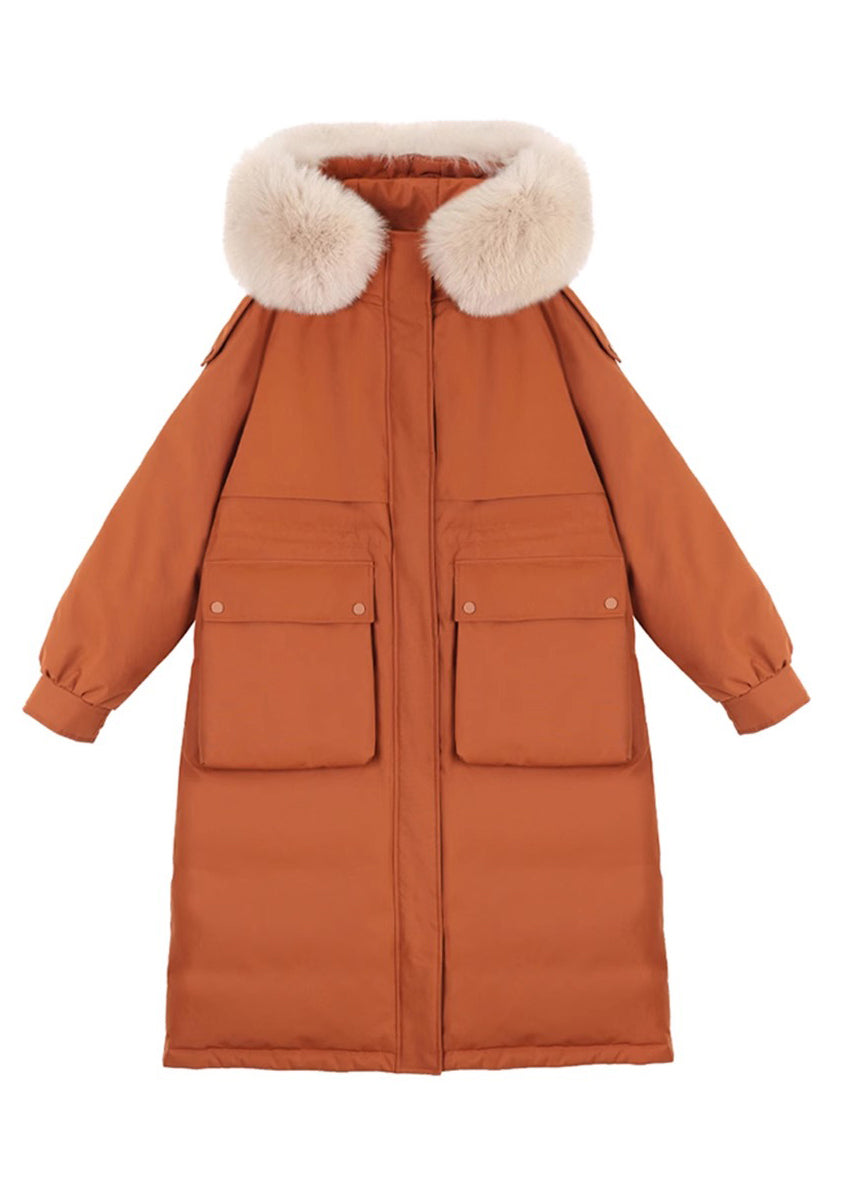 Caramel Hooded Pockets Fur Collar Duck Down Coats Winter