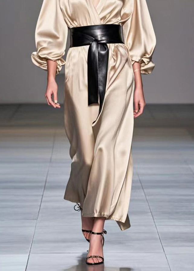 Champagne V Neck Cinched Silk Holiday Dress Spring