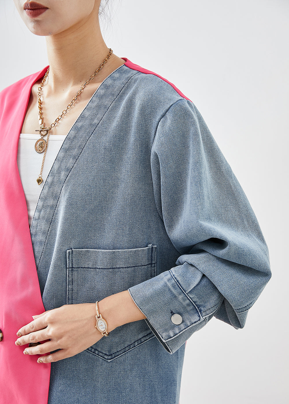 Colorblock Asymmetrical Patchwork Double Breast Cotton Coats Fall