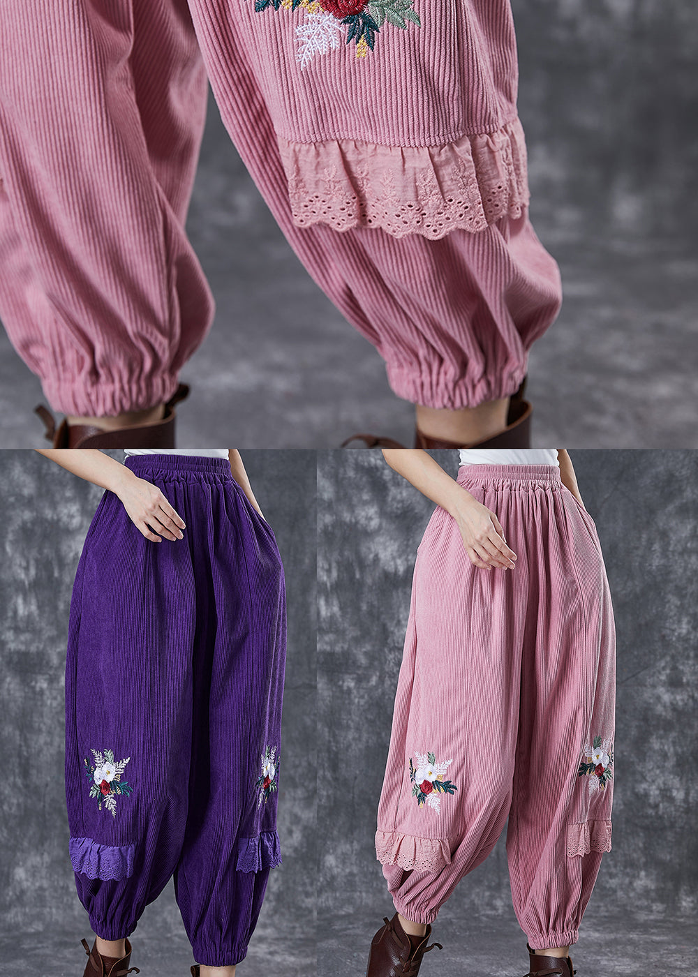 Dull Purple Embroidered Patchwork Corduroy Pants Fall