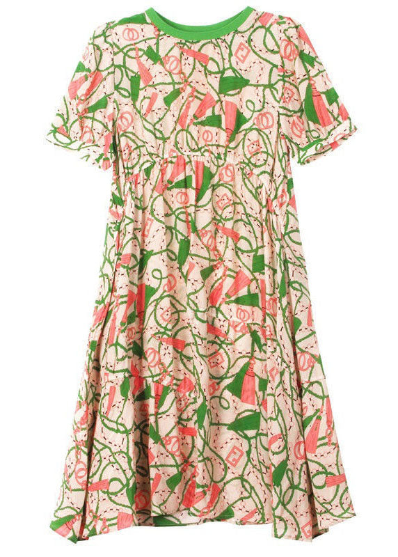 Green O Neck Print Patchwork Silk a Line Dresses Summer