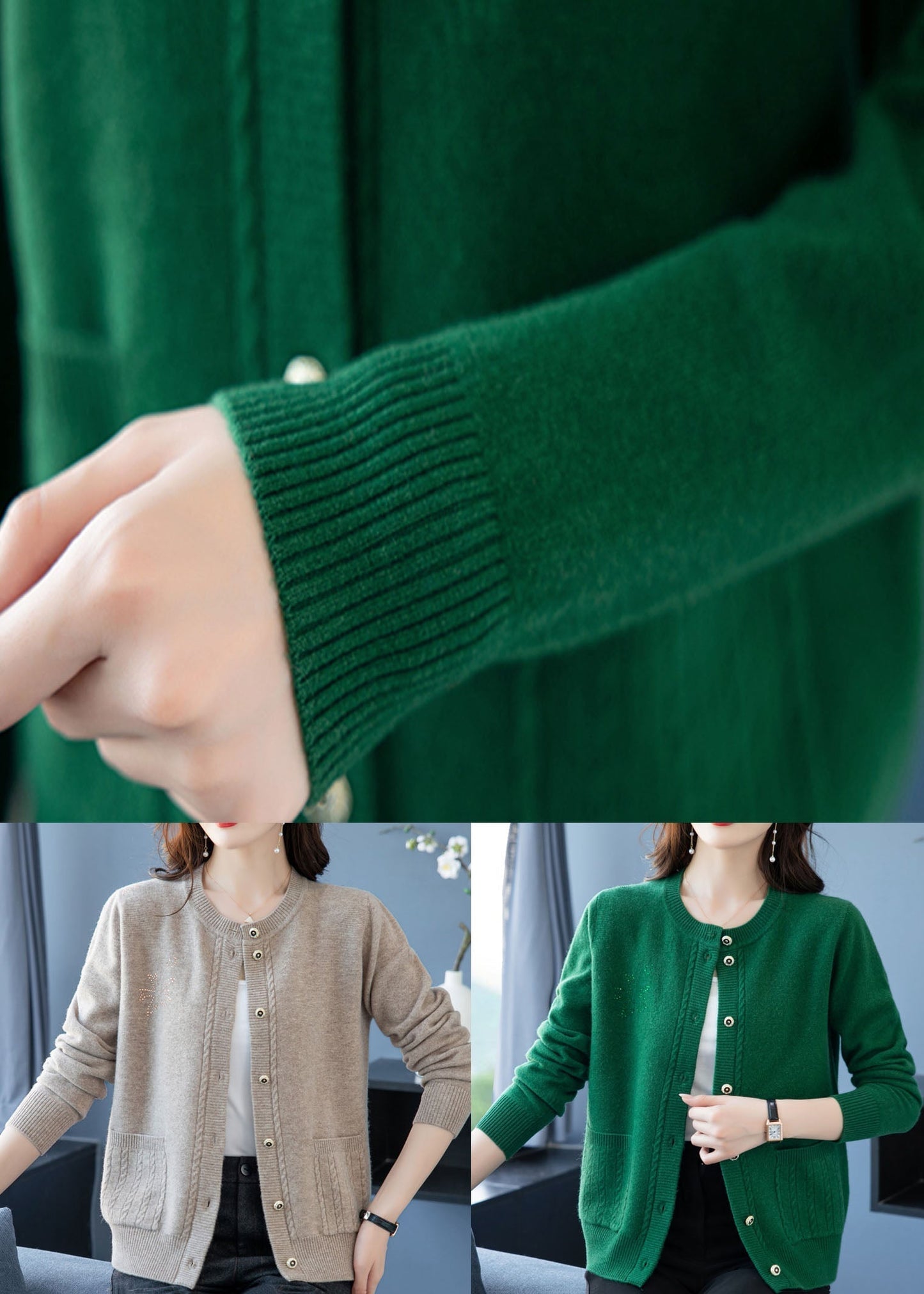 Green Pockets Button Patchwork Thick Wool Loose Coat Fall