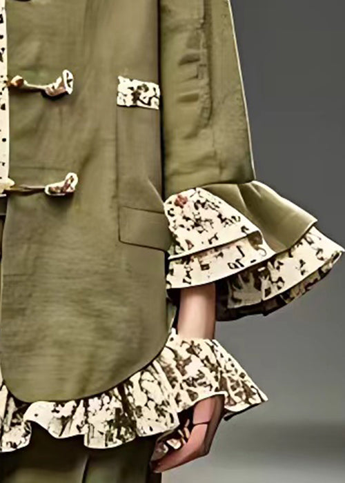 Green Ruffled Button Cotton Coats Butterfly Sleeve