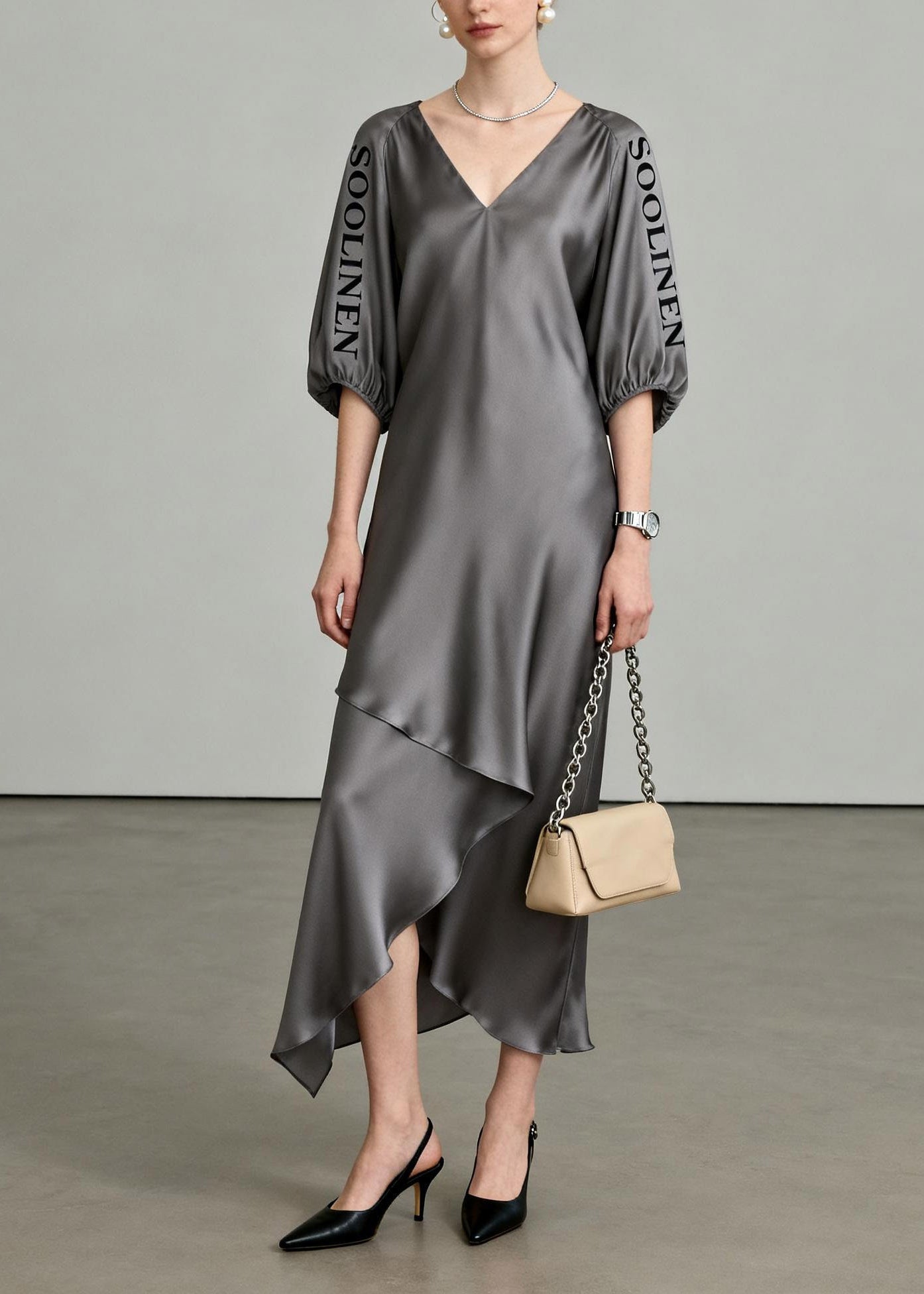Grey Asymmetrical Maxi Dresses V Neck Lantersleeve