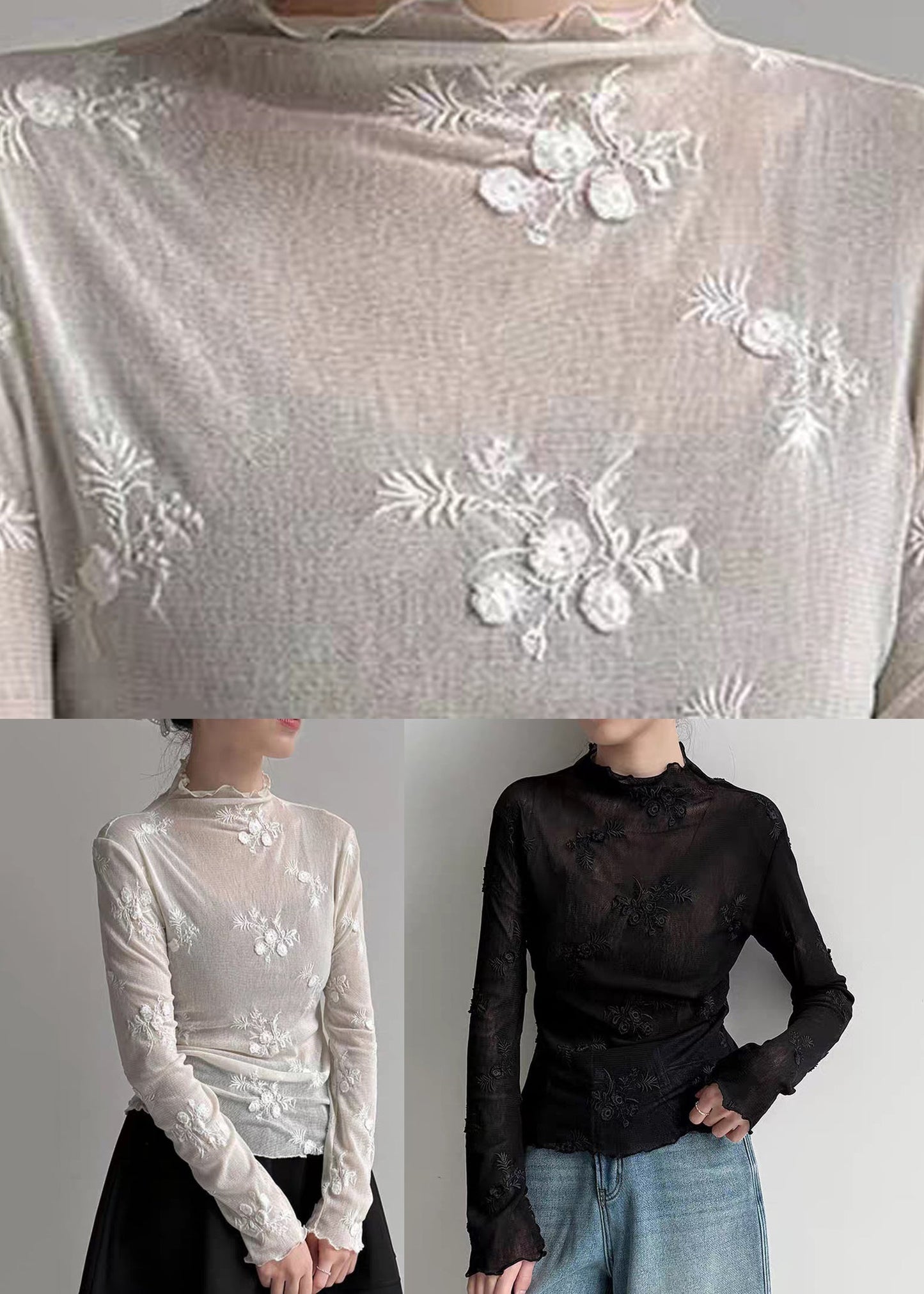 Chic Light Grey Embroidered Tulle T Shirt Spring