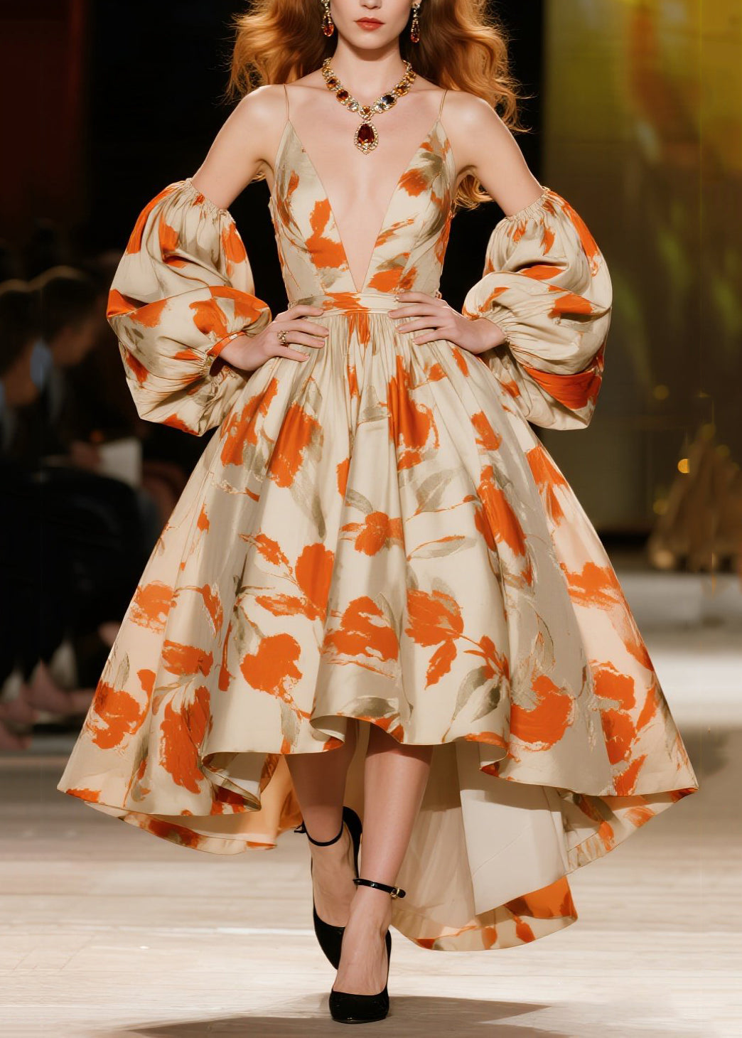 Orange Print Exra Large Hem Vestidos Dresses Lantern Sleeve