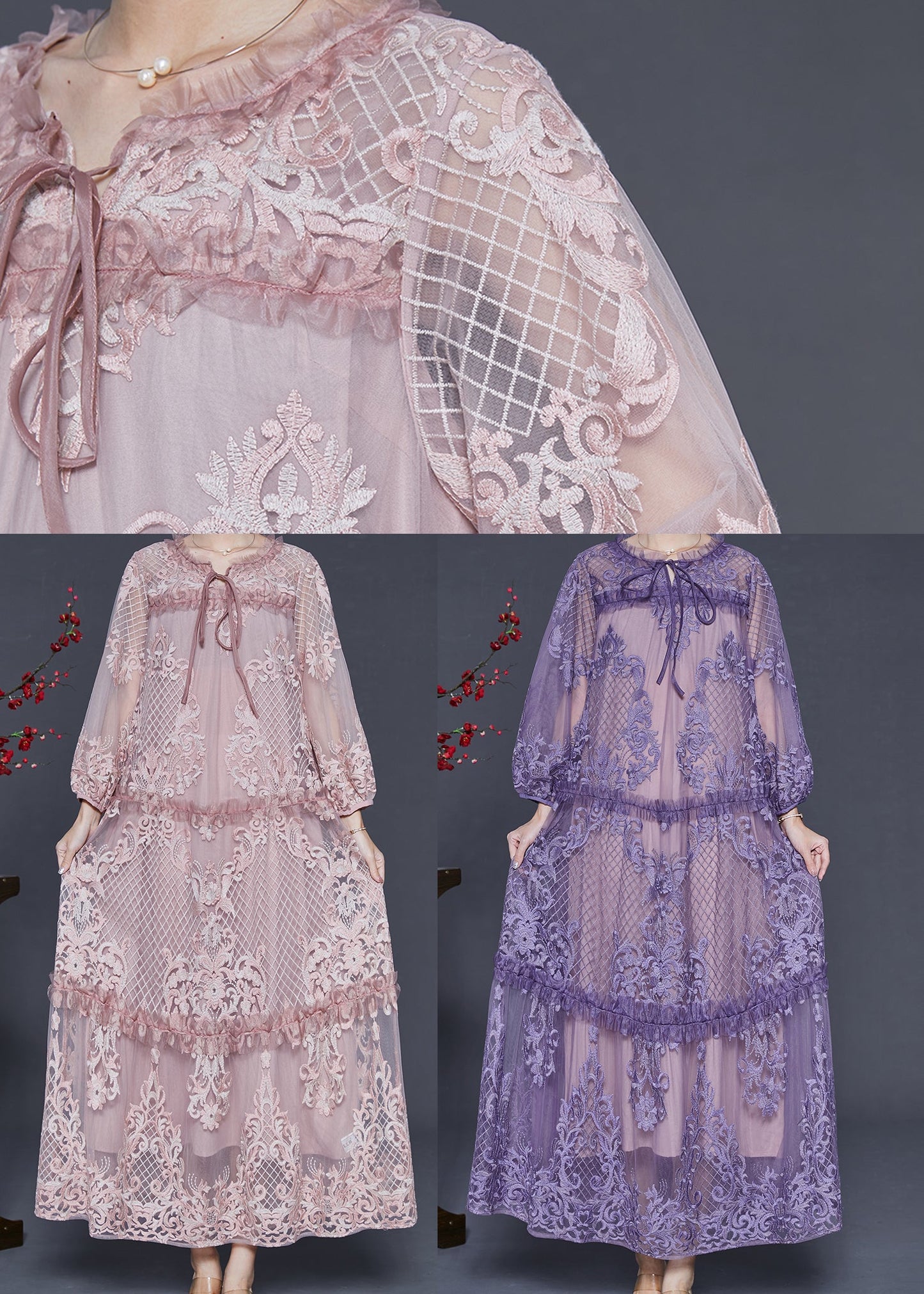 Pink Embroidered Patchwork Tulle Long Dresses Spring