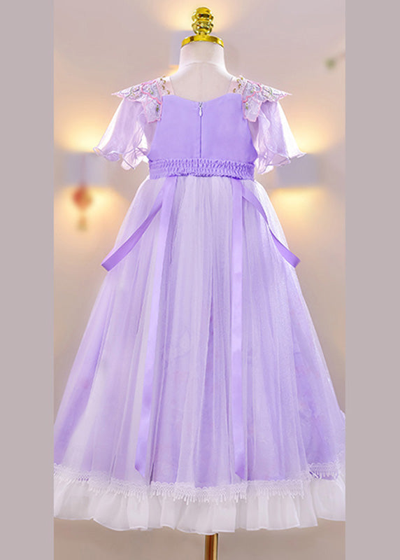 Purple Embroideried Tassel Lace Patchwork Tulle Maxi Dress Summer