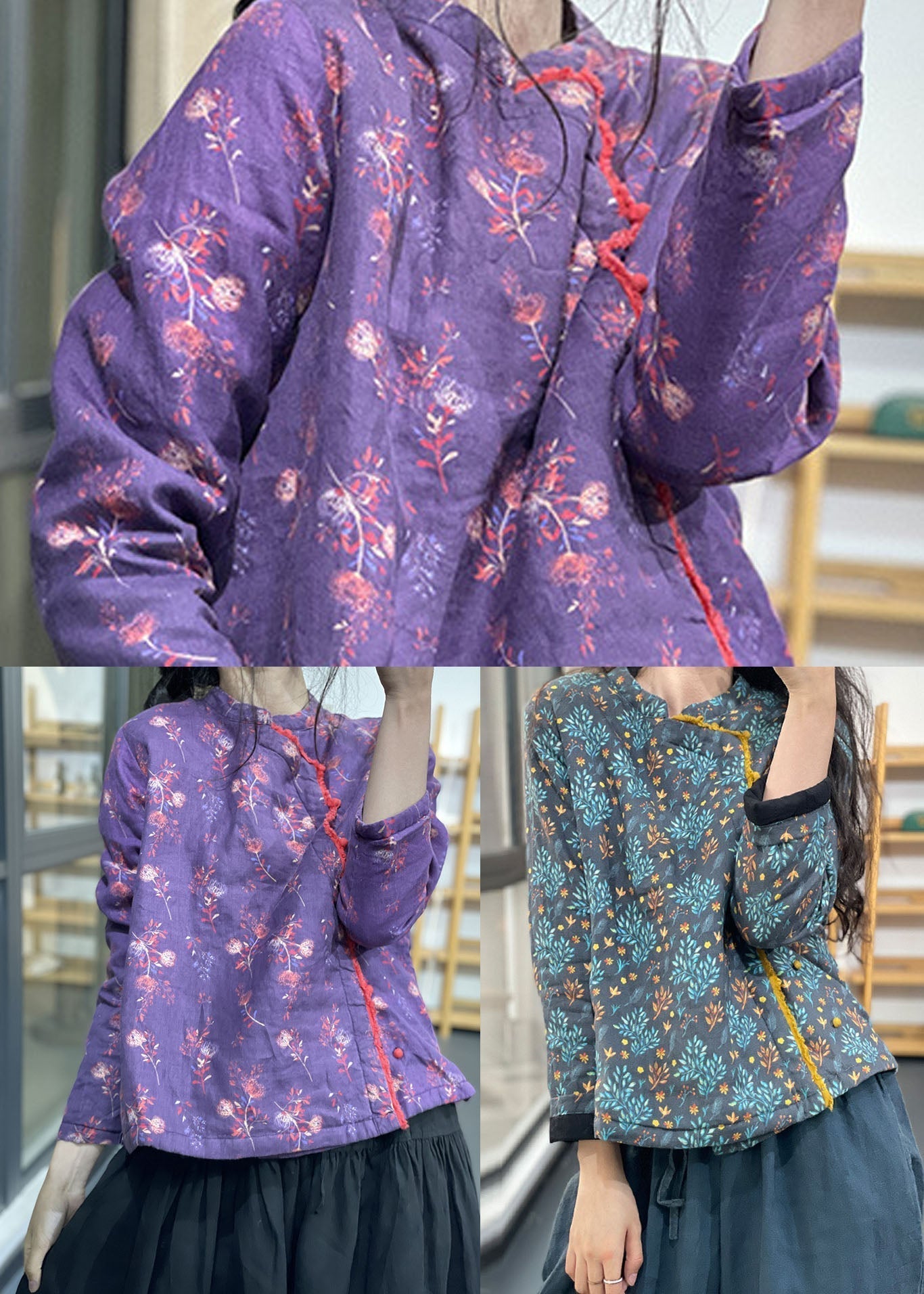 Purple Stand Collar Print Fine Cotton Filled Coats Winter
