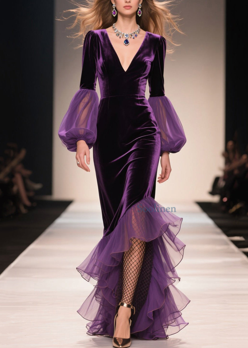 Purple V Neck Asymmetrical Ruffled Patchwork Velvet Dresses Spring