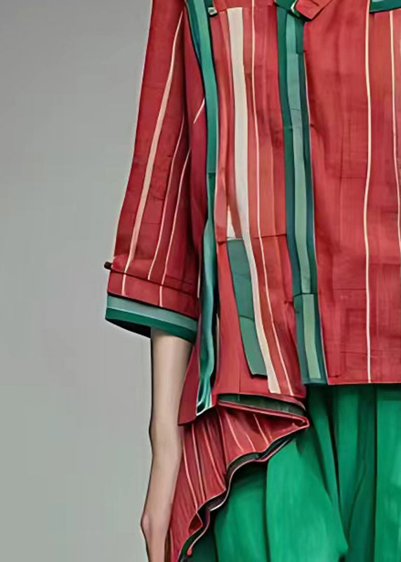 Red Asymmetrical Striped Tassel Shirts Half Sleeve