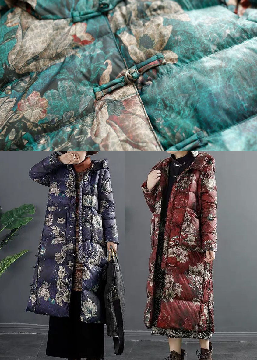 Red Hooded Print Duck Down Winter Down Coat