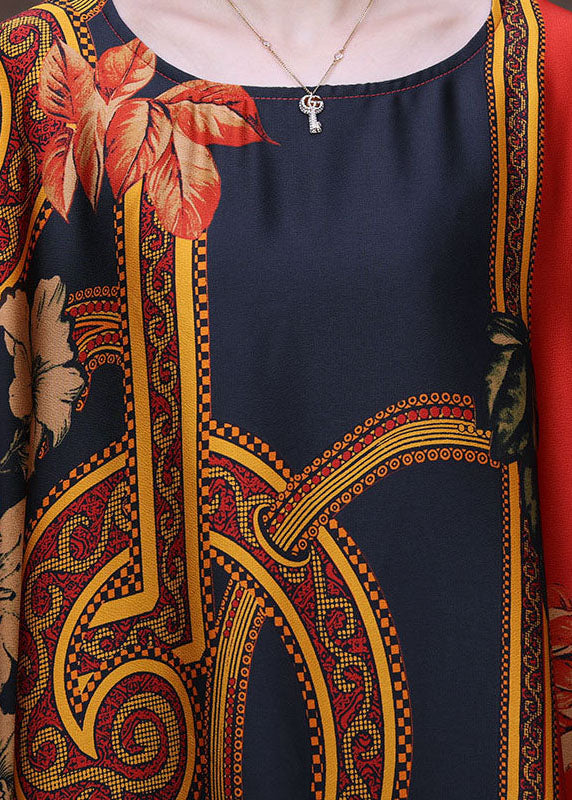 Red O-neck Oversized Print Silk Long Dress Short Sleeve