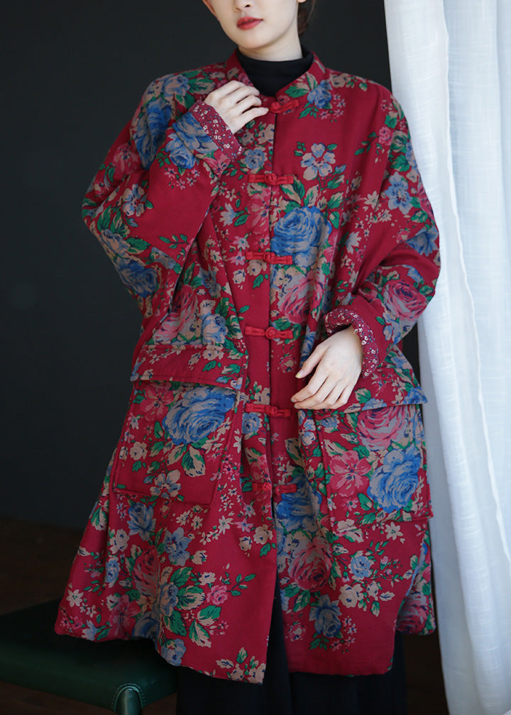 Red Stand Collar Print Button Warm Fleece Cotton Parka Winter
