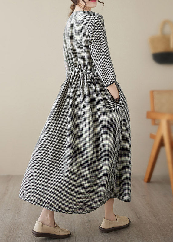 Green V Neck Plaid Patchwork Button Linen Maxi Dresses Summer