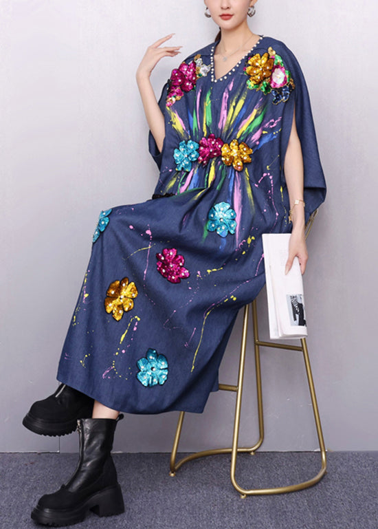 Vibrant Pattern Navy Denim Dress Zircon Accents
