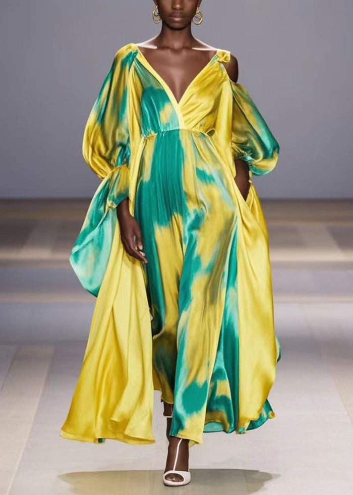 Yellow Asymmetrical Tie Dye One Shoulder Party Dress Spring
