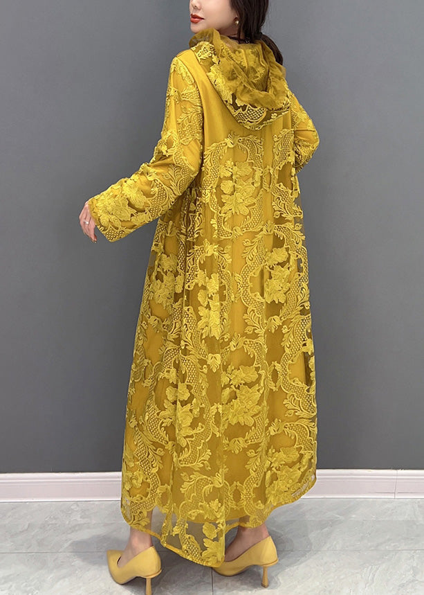 Yellow Embroideried Neck Tie Tulle Maxi Dresses Long Sleeve