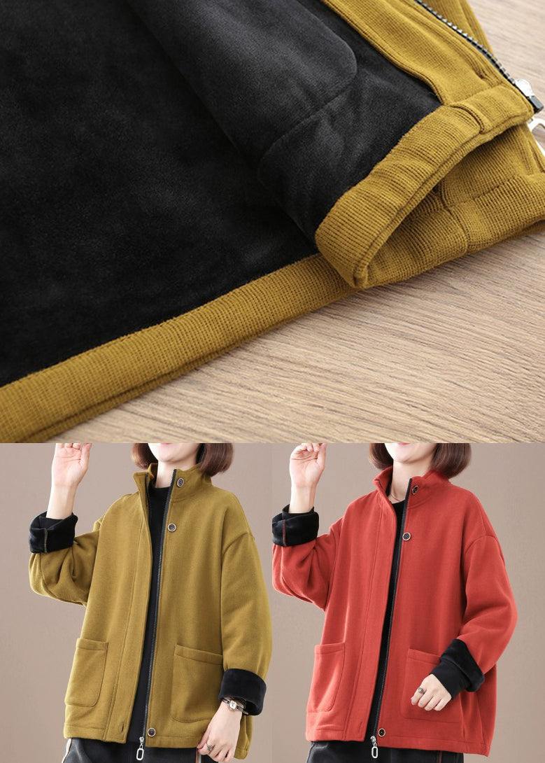 Yellow Zip Up Pockets Warm Fleece Coat Winter