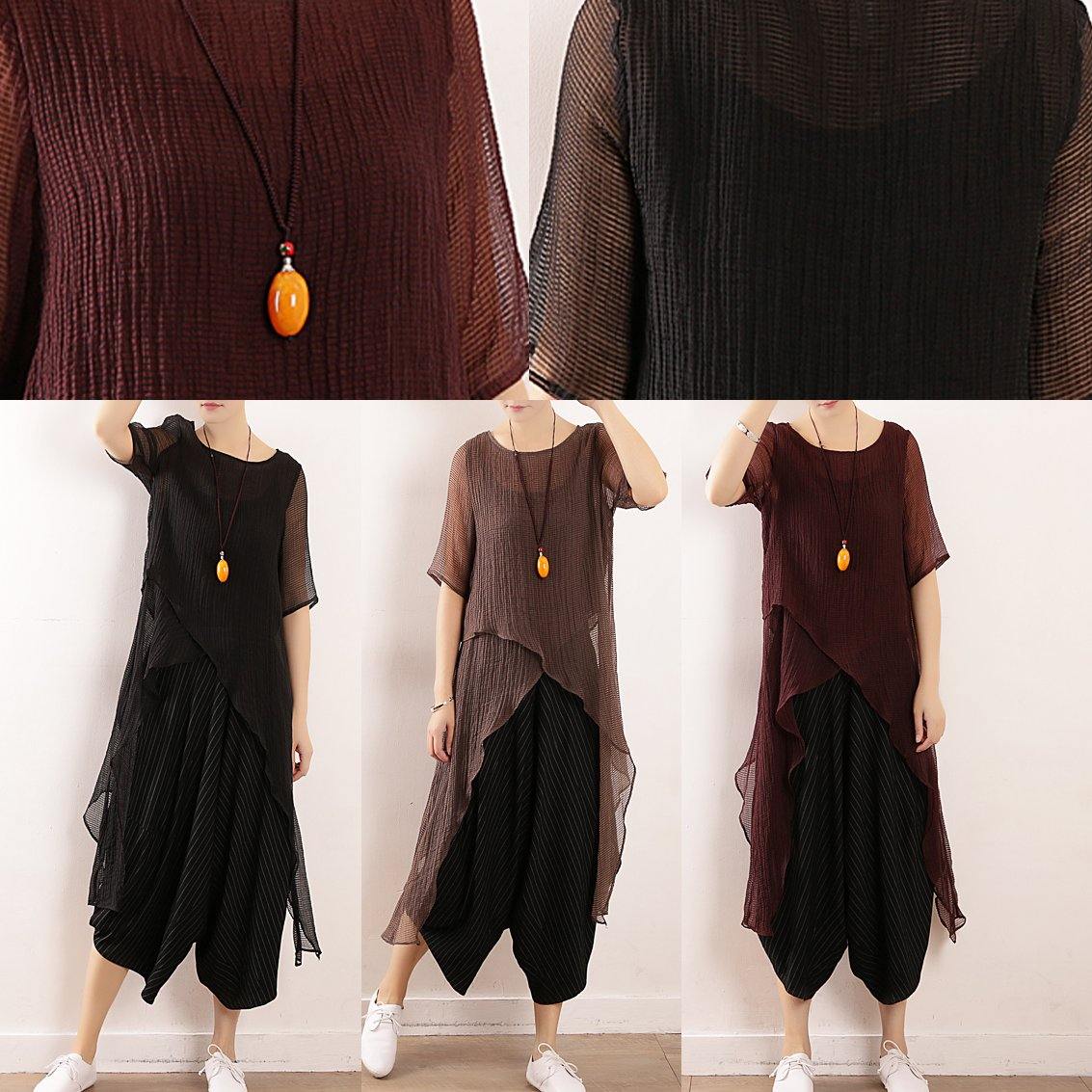 Black Linen Clothes for O Neck Short Summer Blouses