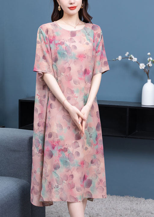 Light Purple O-neck Print Patchwork Chiffon Dresses Summer